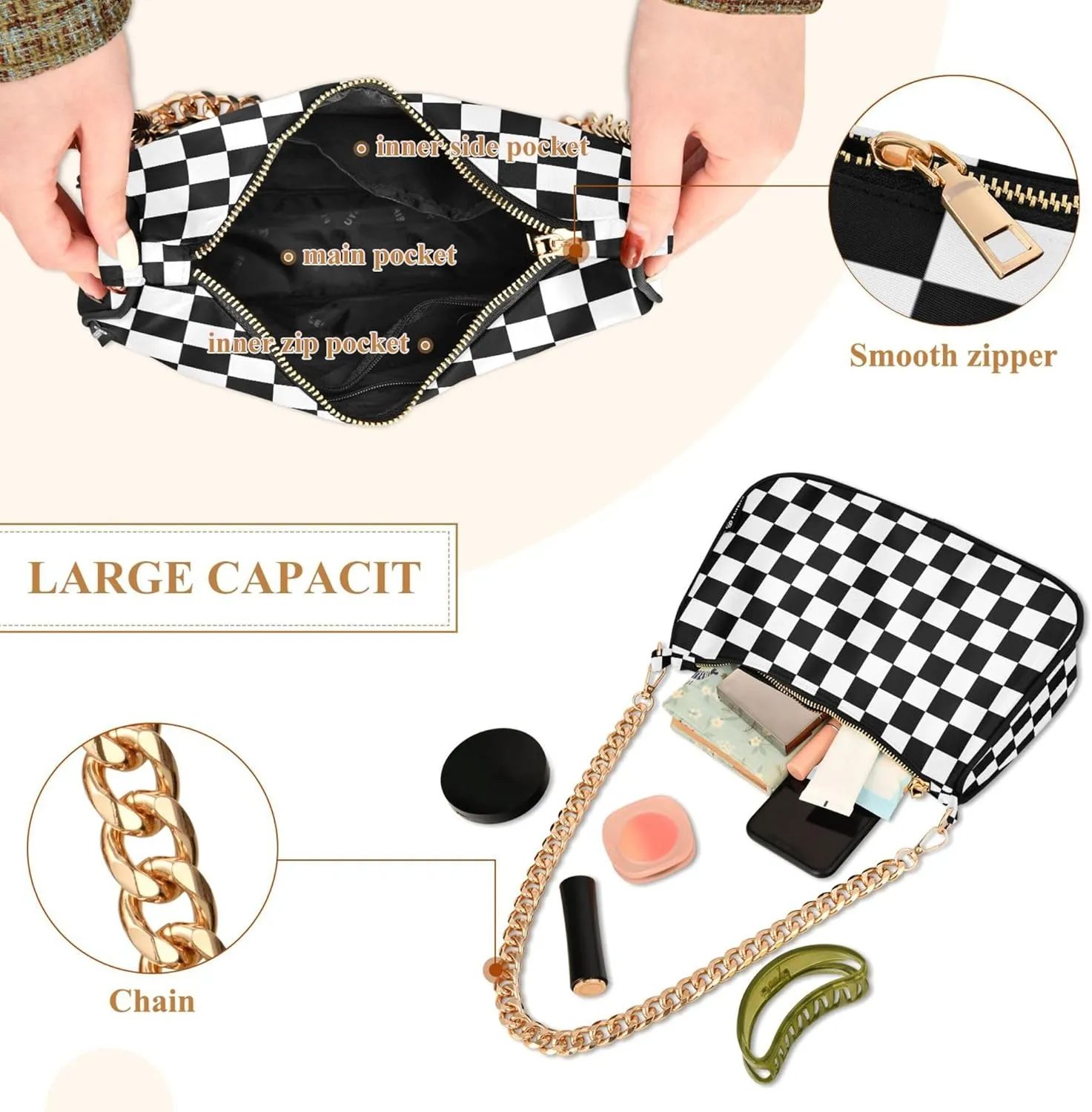 MNSRUU Handbag Purses Women Black Checkered Chain bag