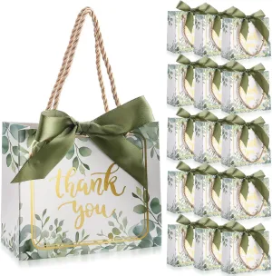 Moinchore 40 Pack Eucalyptus Leaf Thank You Gift Bags with Handles Paper Wedding Welcome Bags Bridal Shower Green Welcome Gift Tote with Bow for Wedding Birthday Baby Shower Bridesmaid Party Favor