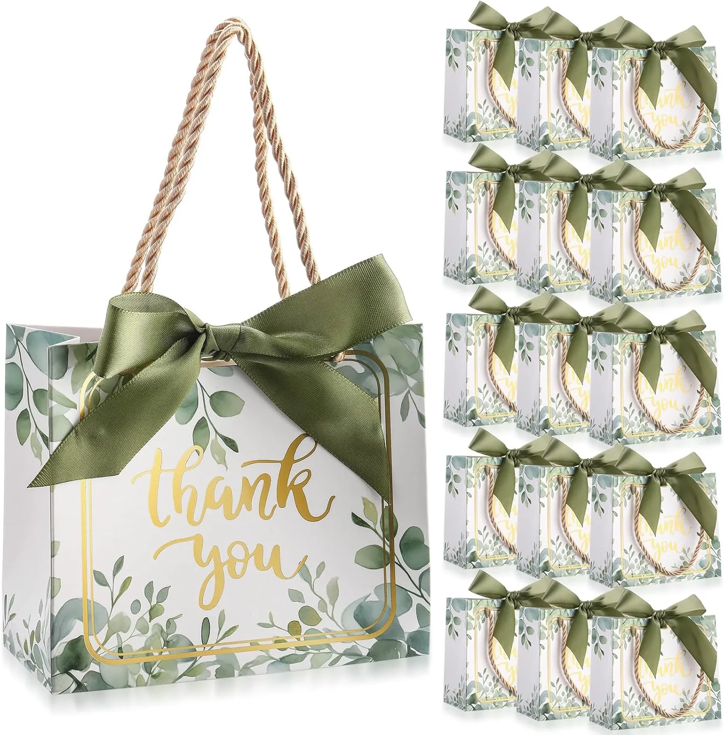 Moinchore 40 Pack Eucalyptus Leaf Thank You Gift Bags with Handles Paper Wedding Welcome Bags Bridal Shower Green Welcome Gift Tote with Bow for Wedding Birthday Baby Shower Bridesmaid Party Favor