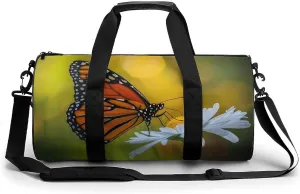 Monarch Butterfly on Flower Gym Bag Cylindrical Sports Bag Travel Duffel Bag with Shoulder Strap