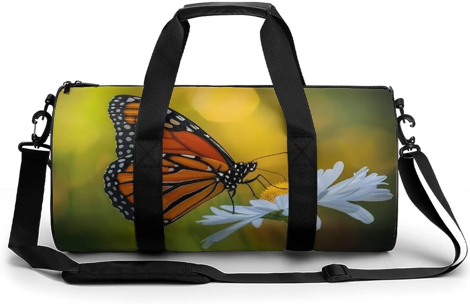 Monarch Butterfly on Flower Gym Bag Cylindrical Sports Bag Travel Duffel Bag with Shoulder Strap