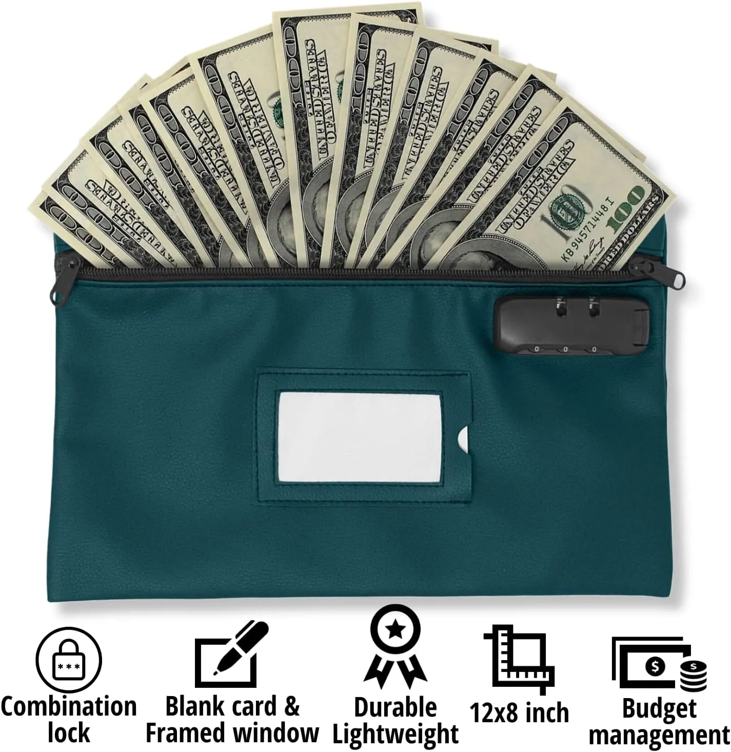 Money Bag With Lock | 12x8 Inch | Green | Leatherette Locking Bank Deposit Bag With Zipper for Cash