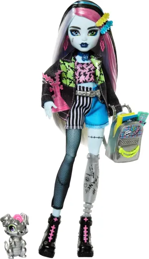 Monster High Frankie Stein Doll in Denim Jacket & Shorts, Includes Pet Dog Watzie & Accessories Like a Backpack, Snack & Notebook