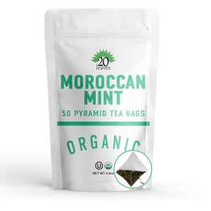 Moroccan Mint Green Tea - 100% Certified Organic - 50 Pyramid Tea Bags Sachets in Resealable Bag