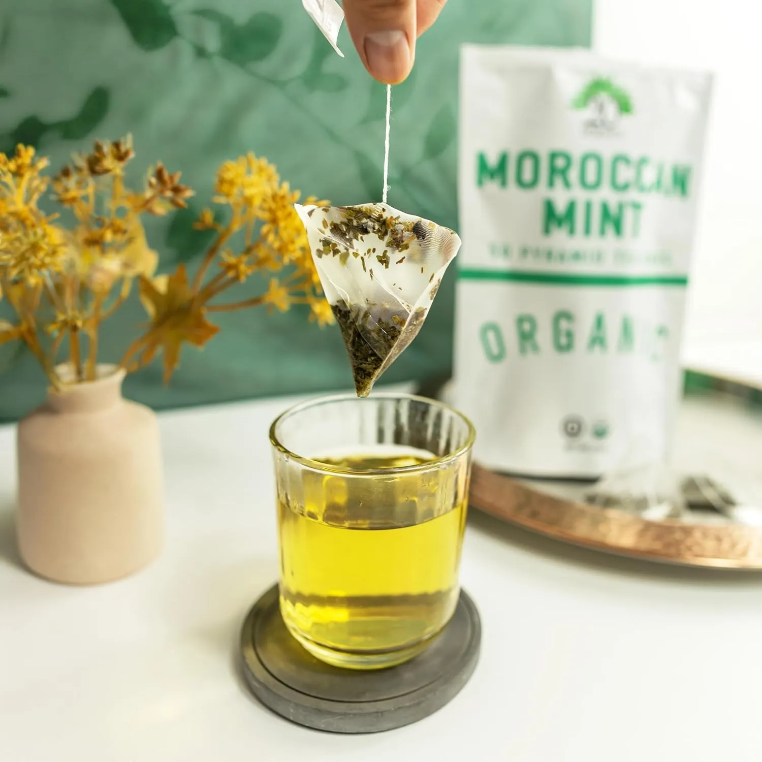 Moroccan Mint Green Tea - 100% Certified Organic - 50 Pyramid Tea Bags Sachets in Resealable Bag