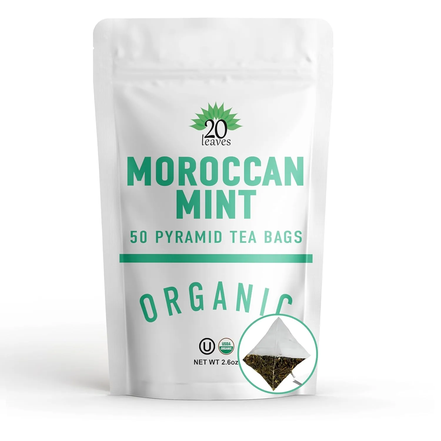 Moroccan Mint Green Tea - 100% Certified Organic - 50 Pyramid Tea Bags Sachets in Resealable Bag