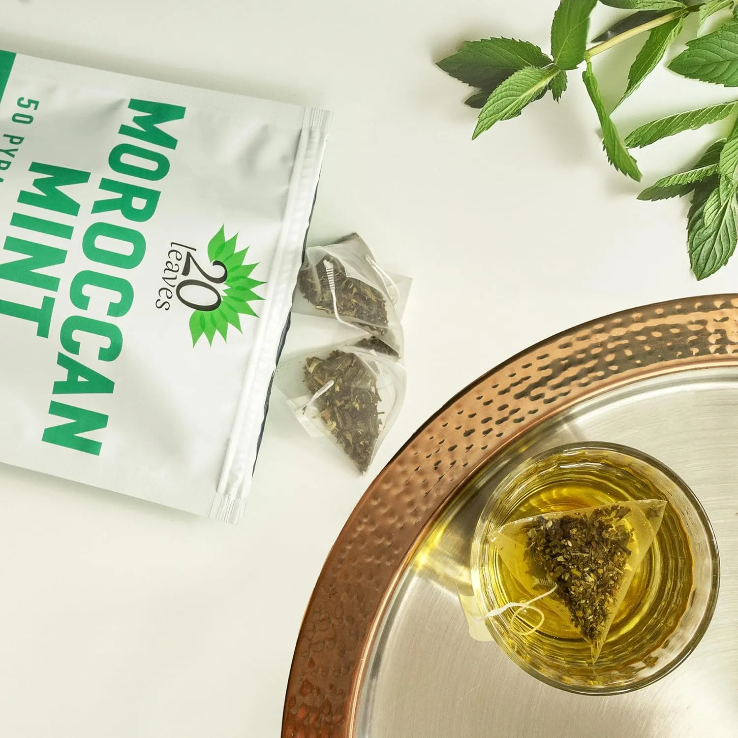 Moroccan Mint Green Tea - 100% Certified Organic - 50 Pyramid Tea Bags Sachets in Resealable Bag
