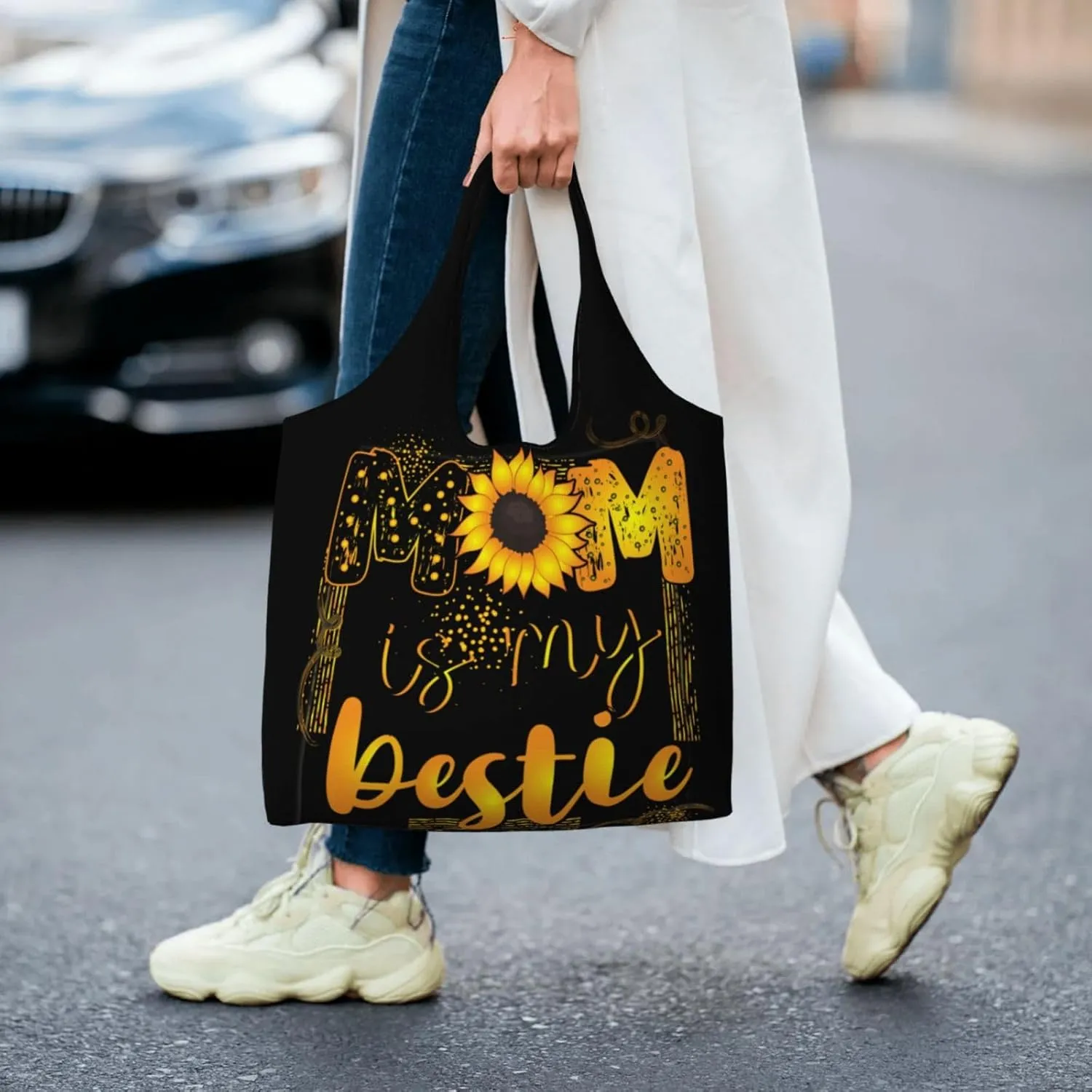 Mother's Day Floral Hearts Best Mom Ever Canvas Tote Bags Reusable Shopping Bag Handbag for Shopper Beach Gifts