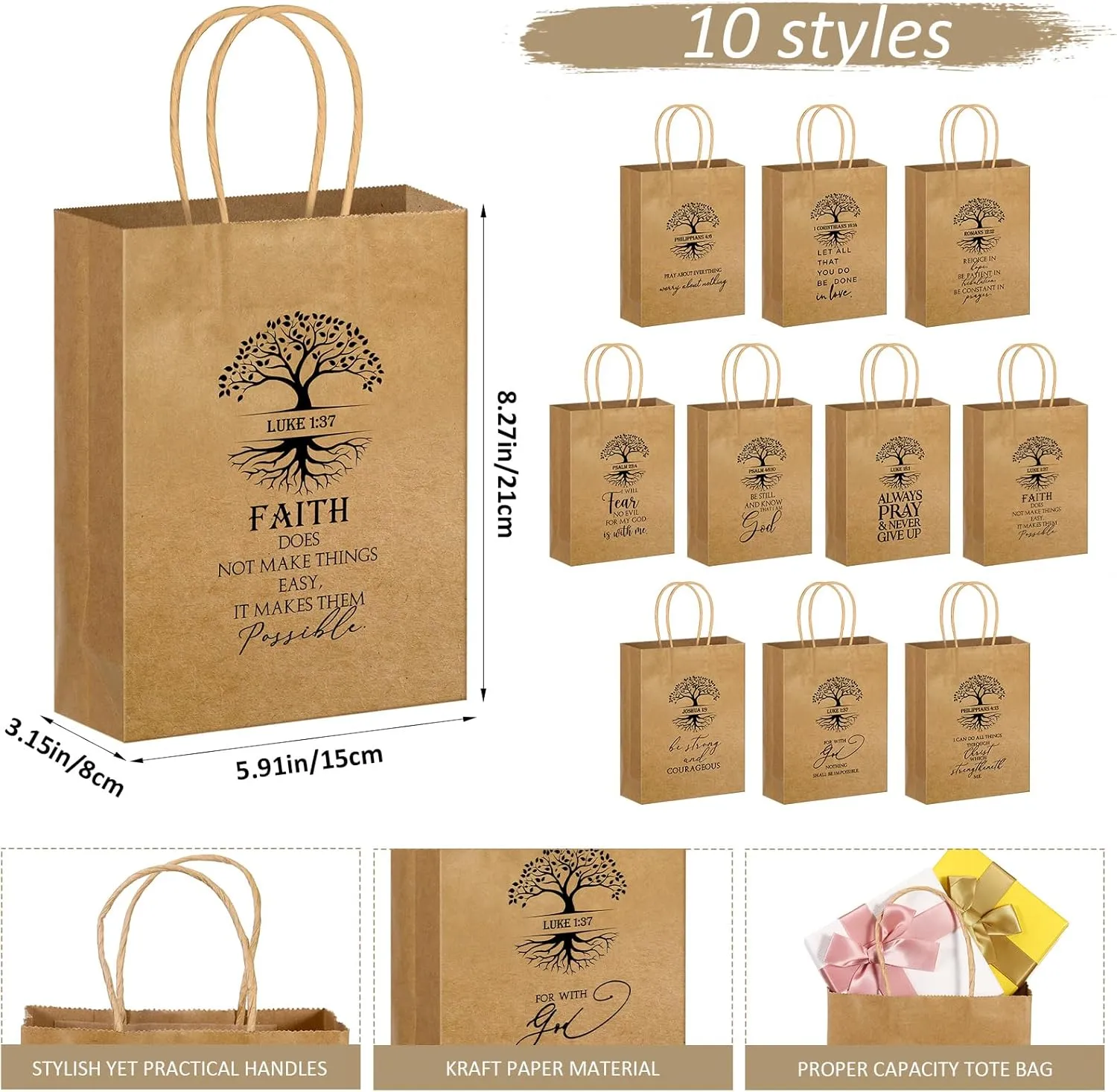 Motipuns 100 Pcs Christian Gift Bag for Father's Day Religious Kraft Paper Bags Bulk with Handle 5. 91 x 3. 15 x 8. 27 Inches Bible Verse Church Welcome Gift for Dad Church Father Family Baptism