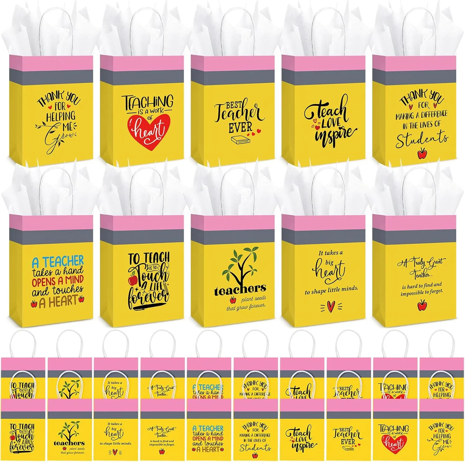 Motipuns 20 Sets Teacher Appreciation Gift Bags with Handles and Tissue Paper Best Teacher Ever Kraft Bags Thank You Gift for End of Year Graduation Retirement, 5.9 x 3.15 x 8.27 Inch