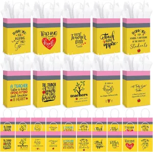 Motipuns 20 Sets Teacher Appreciation Gift Bags with Handles and Tissue Paper Best Teacher Ever Kraft Bags Thank You Gift for End of Year Graduation Retirement, 5.9 x 3.15 x 8.27 Inch