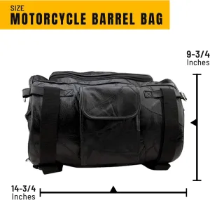 Motorcycle Bag - Barrel Style - All Genuine Black Leather - Fits Any US Bike - Extra Storage Pockets Featuring Rugged Construction - 14 3/4" × 9 3/4" × 9 3/4"