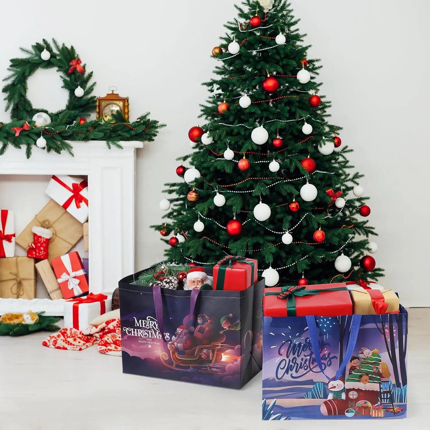Mr. Pen Reusable Xmas Gift Bags, 8 pcs, 2 Designs - Christmas Tote Bags with Handles