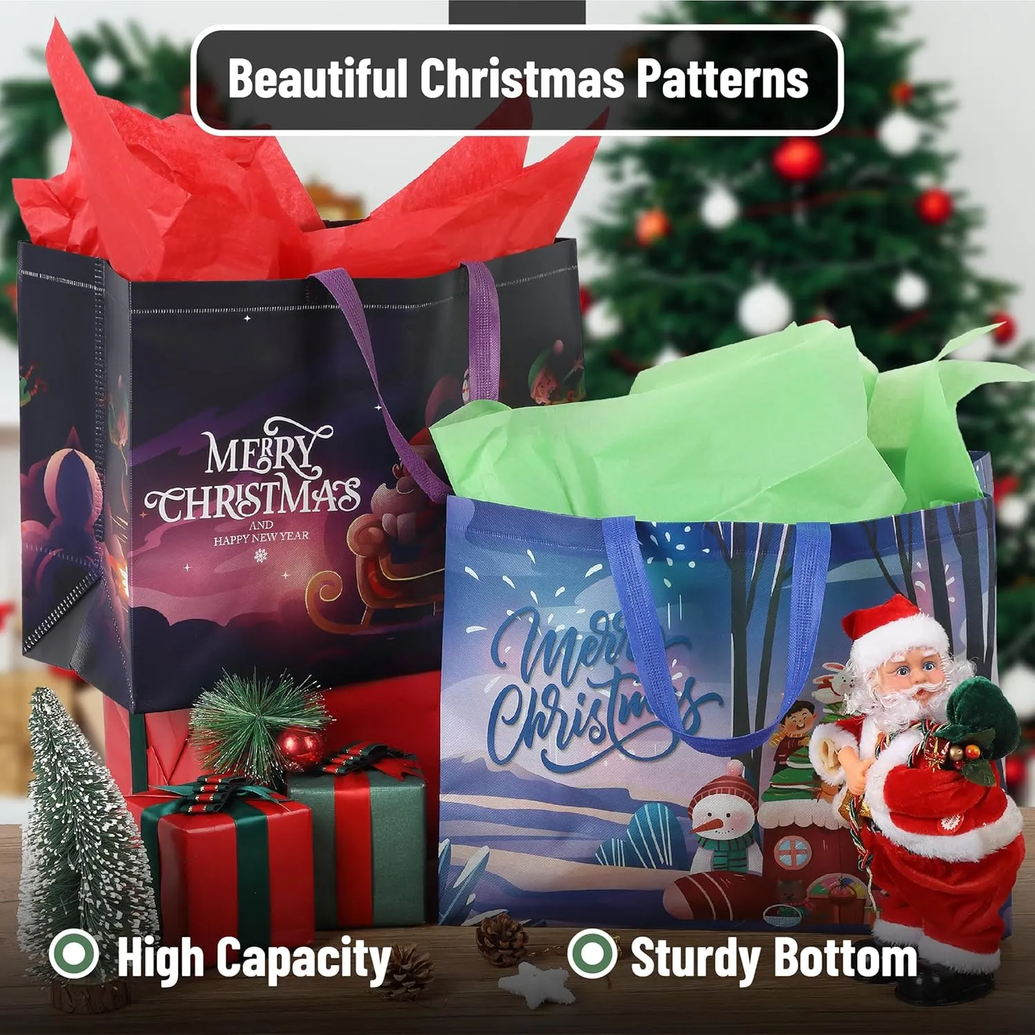 Mr. Pen Reusable Xmas Gift Bags, 8 pcs, 2 Designs - Christmas Tote Bags with Handles