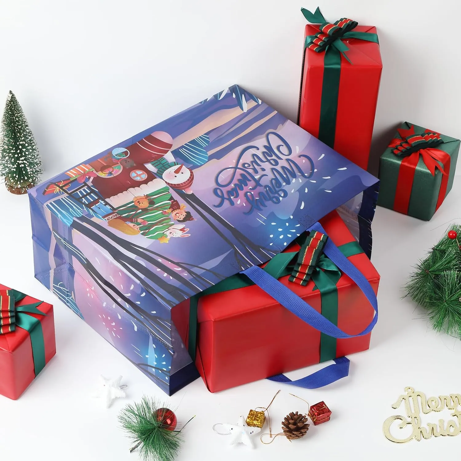 Mr. Pen Reusable Xmas Gift Bags, 8 pcs, 2 Designs - Christmas Tote Bags with Handles