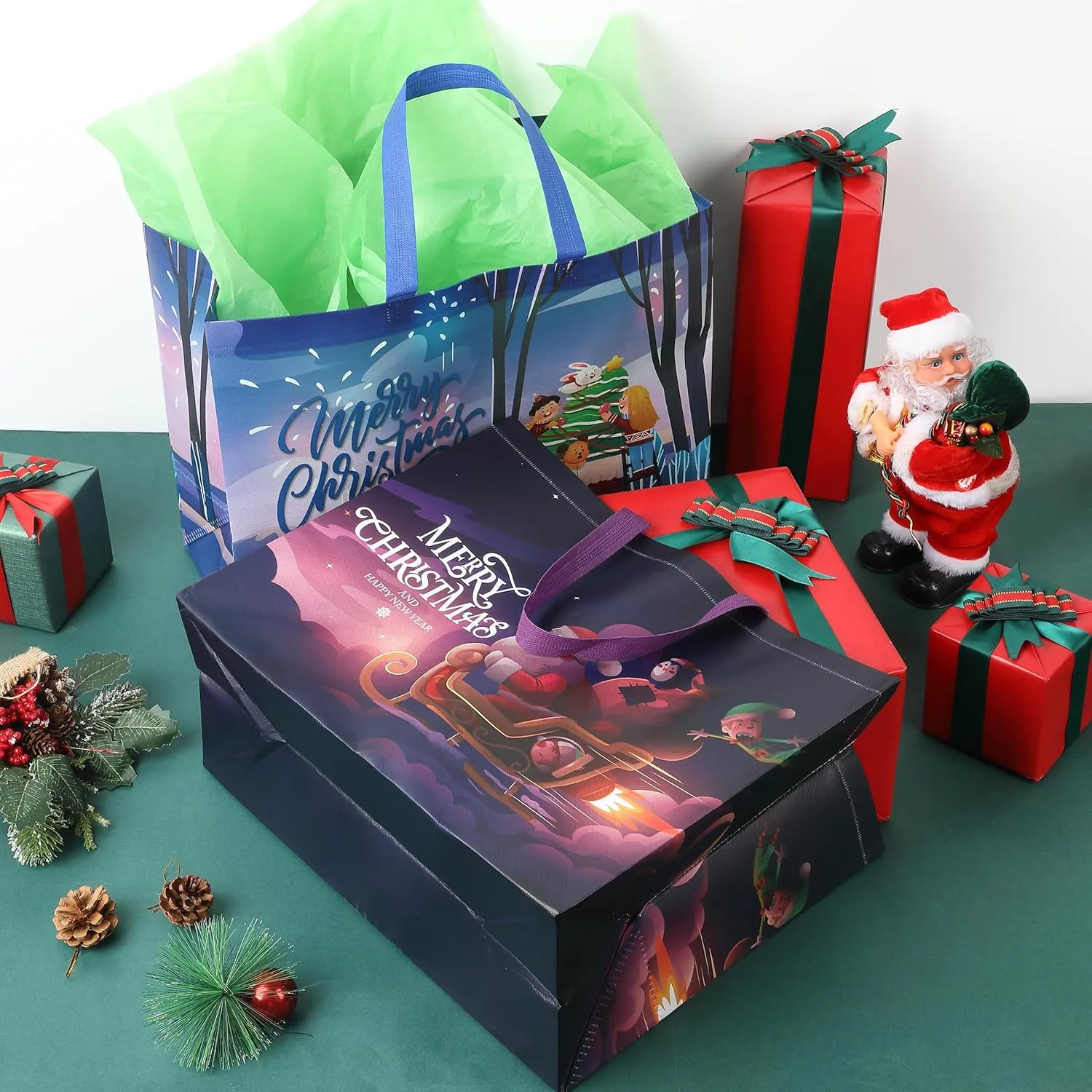 Mr. Pen Reusable Xmas Gift Bags, 8 pcs, 2 Designs - Christmas Tote Bags with Handles