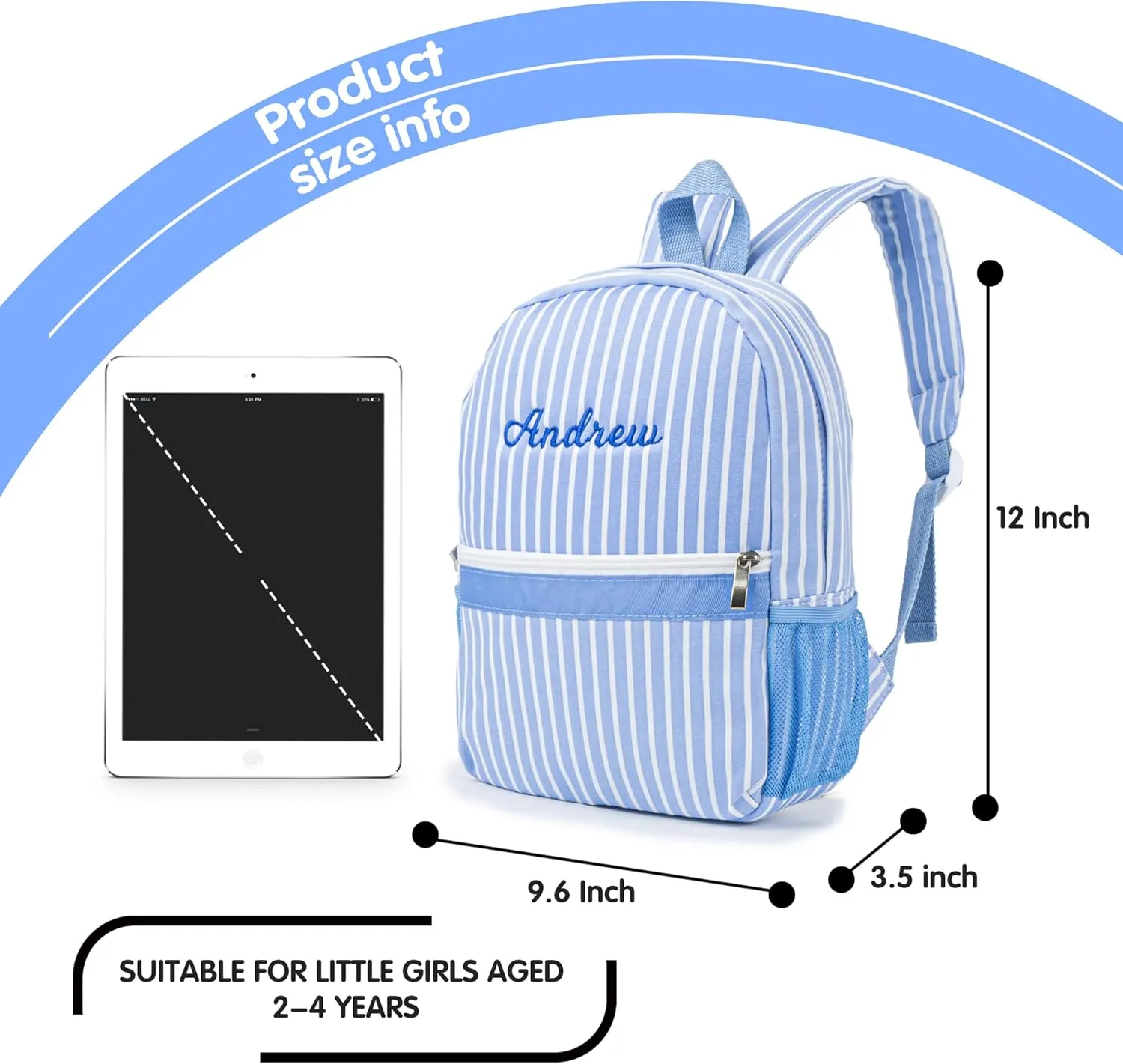 MT WORLD Toddler Backpack - Personalized Canvas with Embroidered Name, Small Preppy Custom Kids Monogram Backpack for Age 2-4 Child School Outdoors Overnight (Blue)