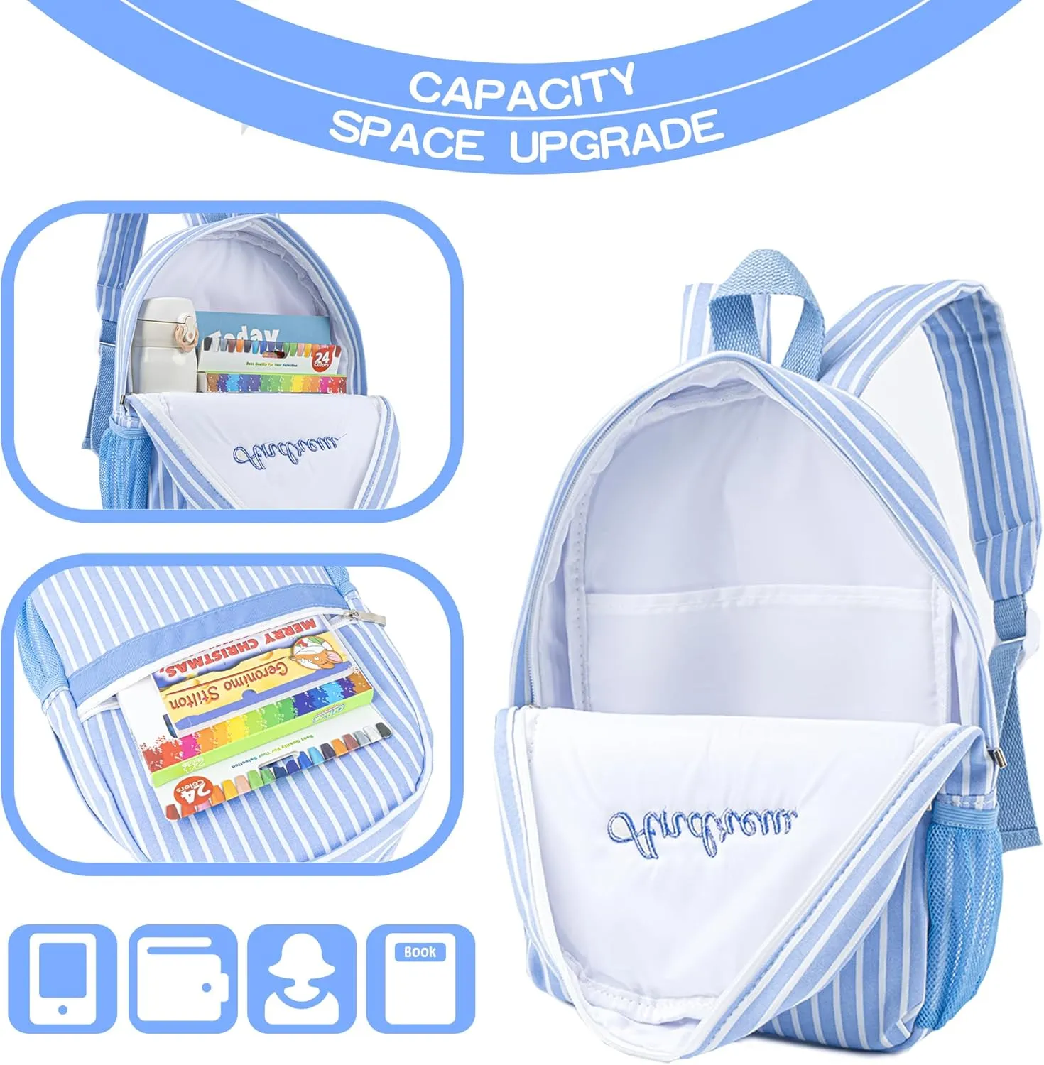 MT WORLD Toddler Backpack - Personalized Canvas with Embroidered Name, Small Preppy Custom Kids Monogram Backpack for Age 2-4 Child School Outdoors Overnight (Blue)