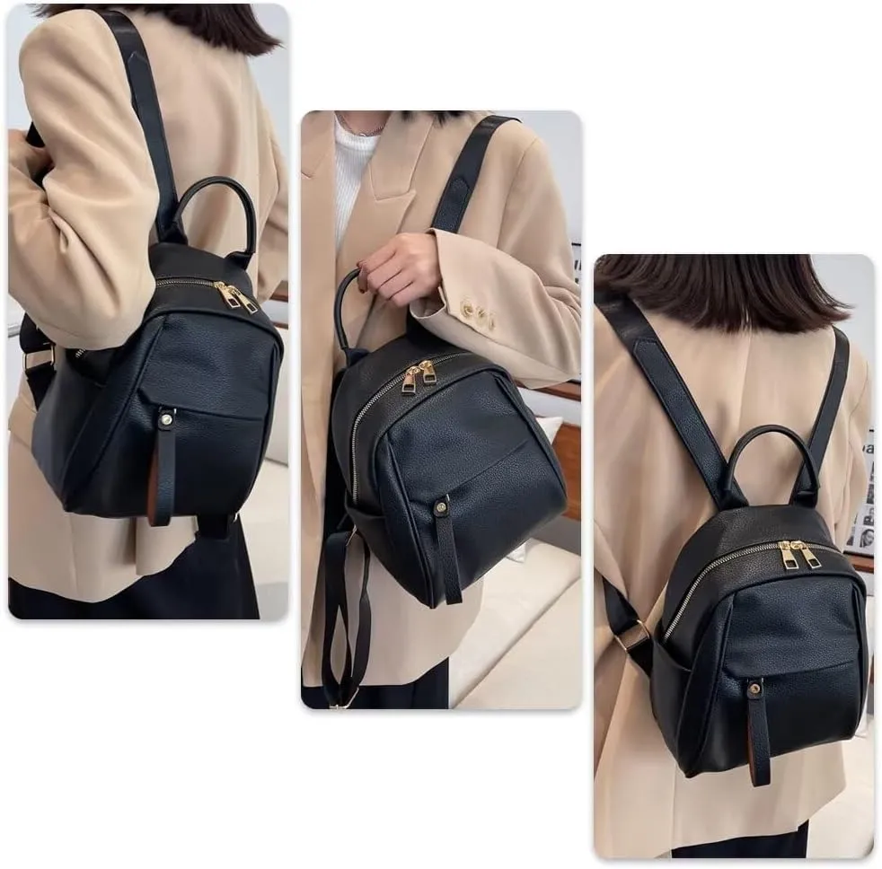 Mudono Small Backpack for Women Soft Vegan Leather Daypack Mini Water Resistant Travel Backpack Multiple Pockets Everyday Bag