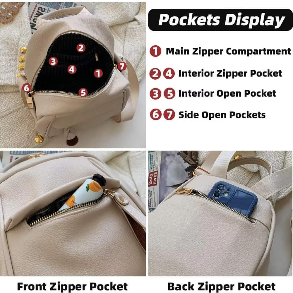 Mudono Small Backpack for Women Soft Vegan Leather Daypack Mini Water Resistant Travel Backpack Multiple Pockets Everyday Bag