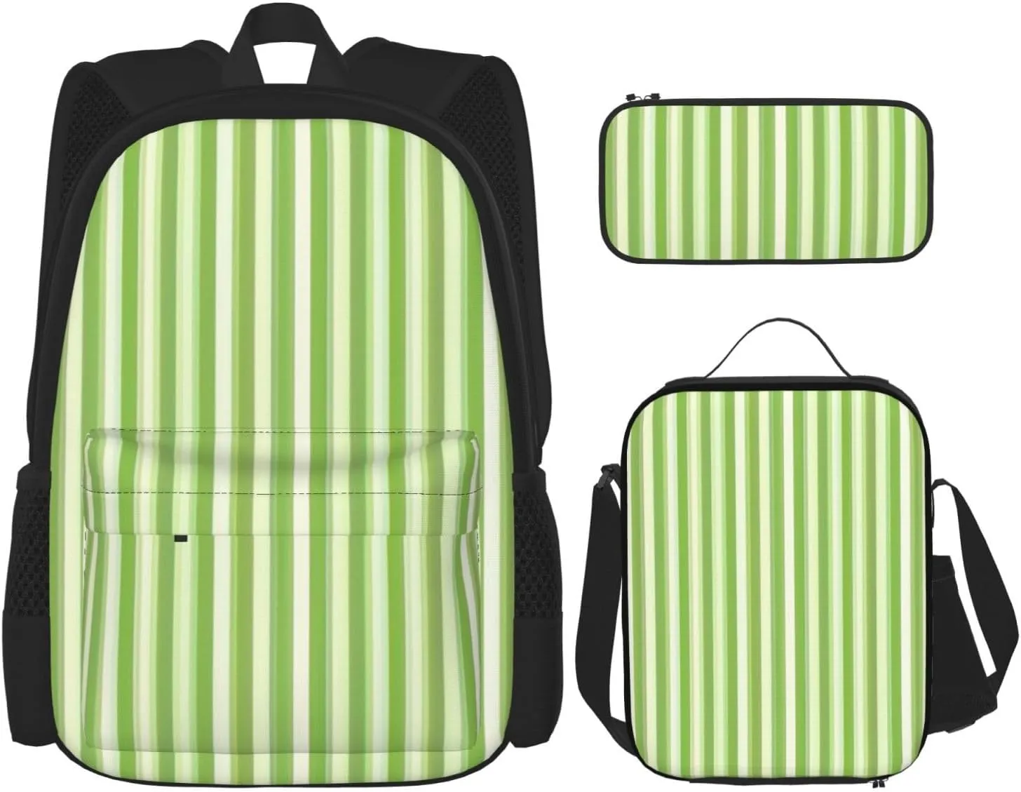 Multi Functional Classic Green Striped Print Backpack Set With Lunch Bag And Pencil Case,Leisure,Fashion