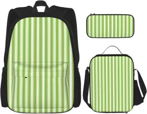 Multi Functional Classic Green Striped Print Backpack Set With Lunch Bag And Pencil Case,Leisure,Fashion