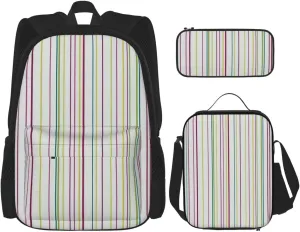 Multi Functional Striped. Print Backpack Set With Lunch Bag And Pencil Case,Leisure,Fashion