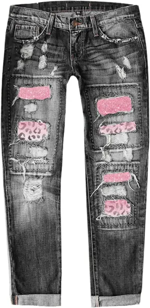 Muyise Women High Waist Skinny Stretch Ripped Jeans Sunflower Patch Destroyed Straight Leg Boyfriend Denim Pants with Pockets