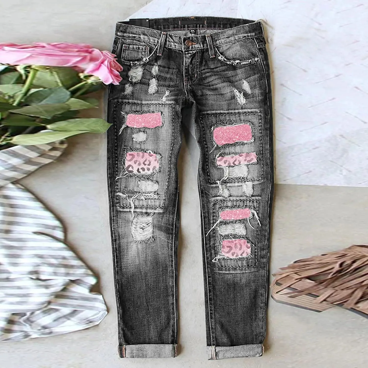 Muyise Women High Waist Skinny Stretch Ripped Jeans Sunflower Patch Destroyed Straight Leg Boyfriend Denim Pants with Pockets