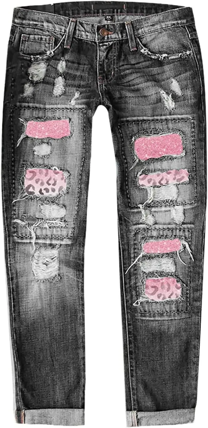 Muyise Women High Waist Skinny Stretch Ripped Jeans Sunflower Patch Destroyed Straight Leg Boyfriend Denim Pants with Pockets