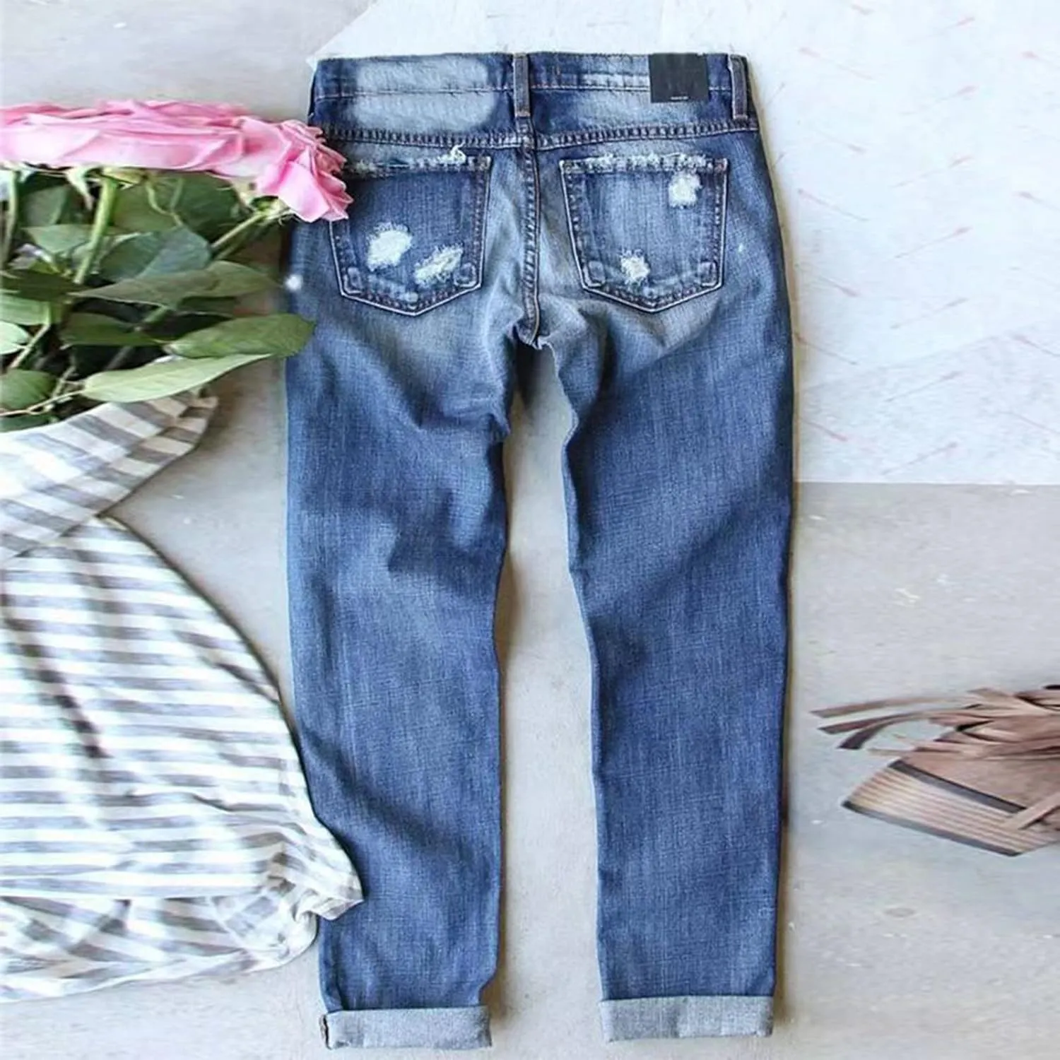 Muyise Women High Waist Skinny Stretch Ripped Jeans Sunflower Patch Destroyed Straight Leg Boyfriend Denim Pants with Pockets