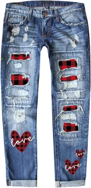 Muyise Women High Waist Skinny Stretch Ripped Jeans Sunflower Patch Destroyed Straight Leg Boyfriend Denim Pants with Pockets