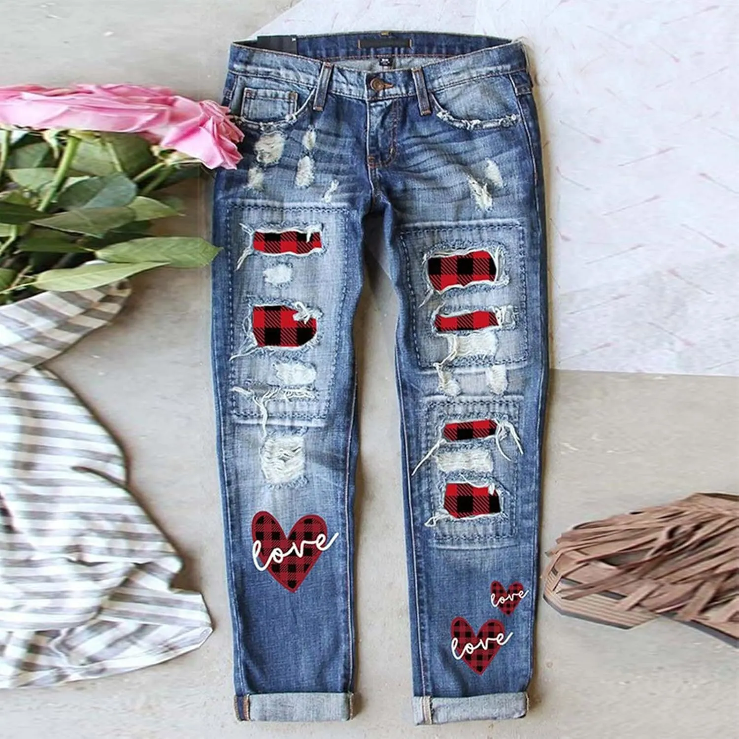 Muyise Women High Waist Skinny Stretch Ripped Jeans Sunflower Patch Destroyed Straight Leg Boyfriend Denim Pants with Pockets