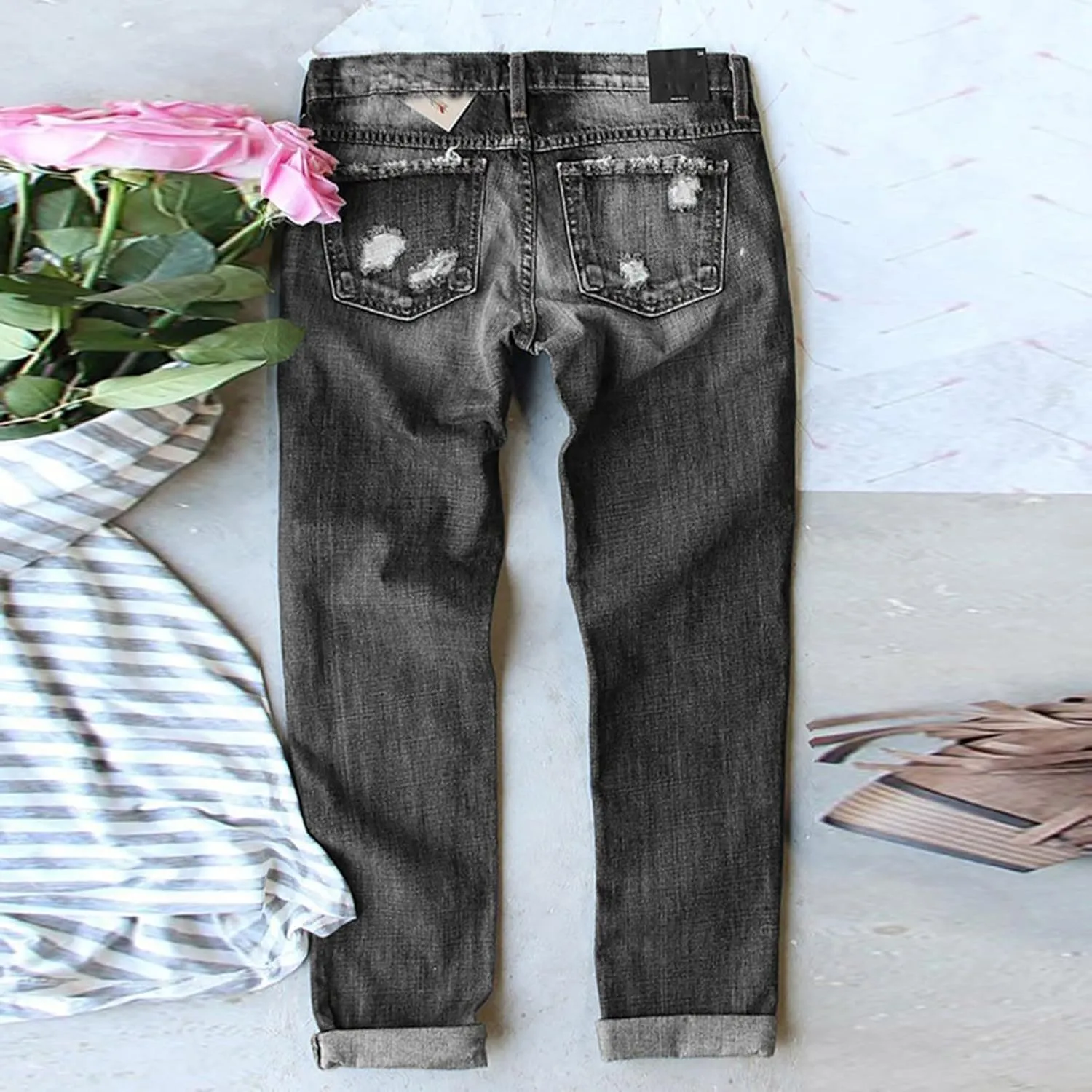Muyise Women High Waist Skinny Stretch Ripped Jeans Sunflower Patch Destroyed Straight Leg Boyfriend Denim Pants with Pockets