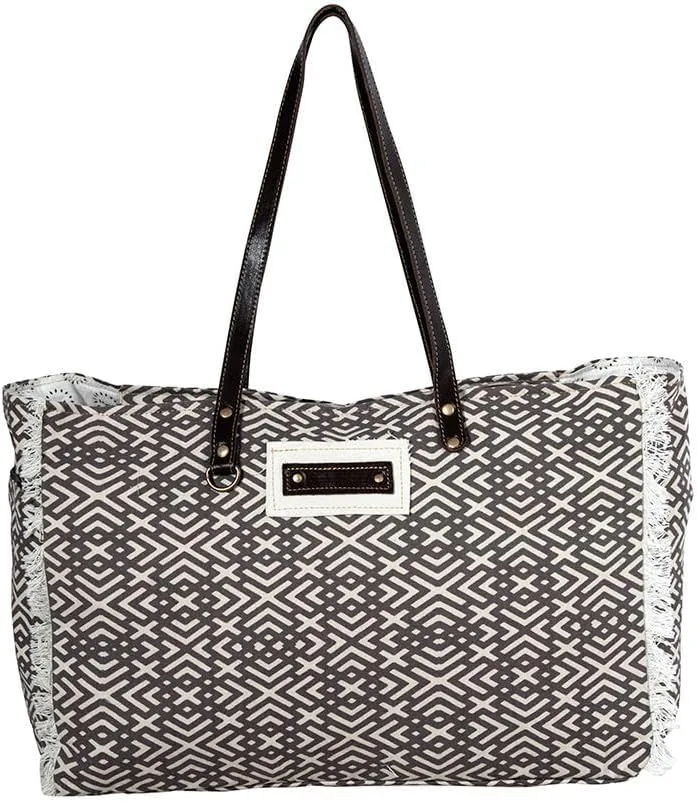 Myra Bag Weekender Bag for Women - Western Upcycled Canvas & Leather Shoulder Bag - Terrence Geometric