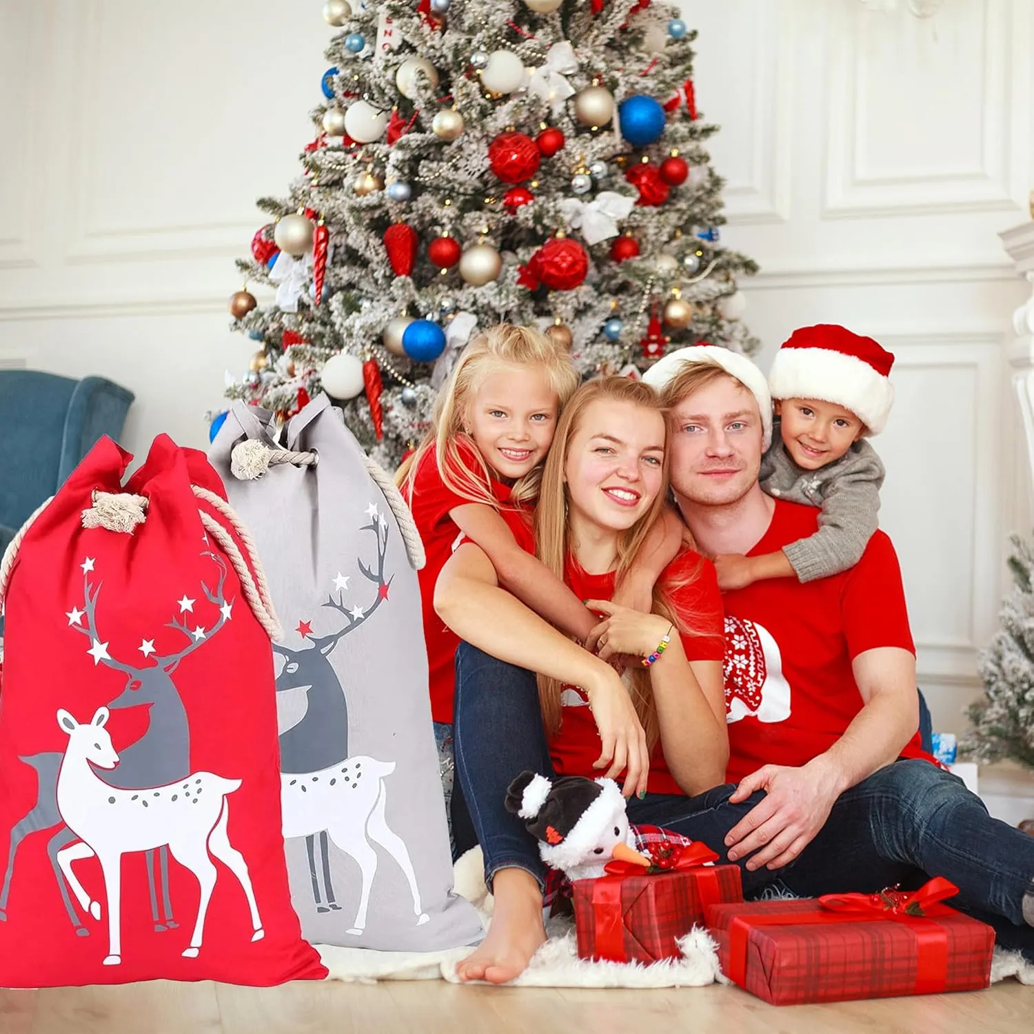Mzjeaziany 2Pcs Elk Large Gift Christmas Sacks, Santa Gift Bags 27.5"x19.5" Reusable Personalized Santa Bags for Christmas Presents Wrapping