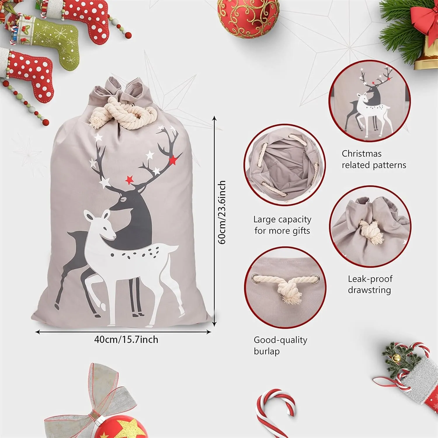 Mzjeaziany 2Pcs Elk Large Gift Christmas Sacks, Santa Gift Bags 27.5"x19.5" Reusable Personalized Santa Bags for Christmas Presents Wrapping