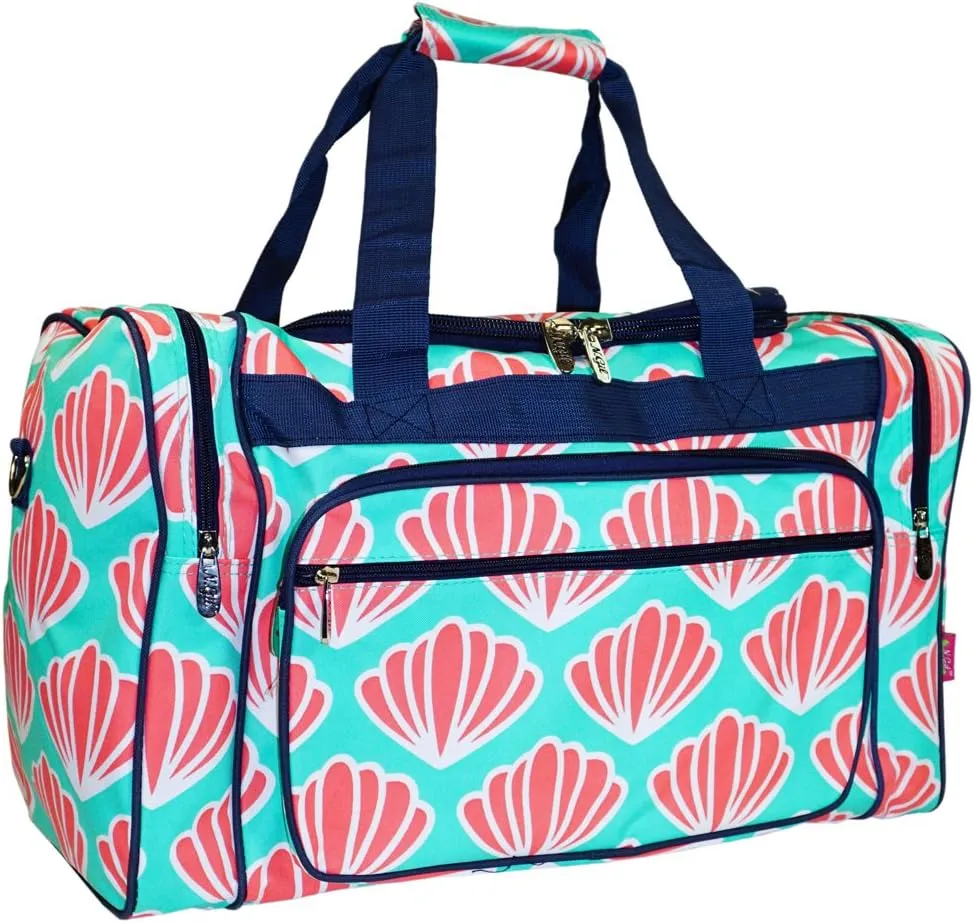 N. Gil Navy Blue Green Seashells Duffle Carry On Bags - 22-Inch