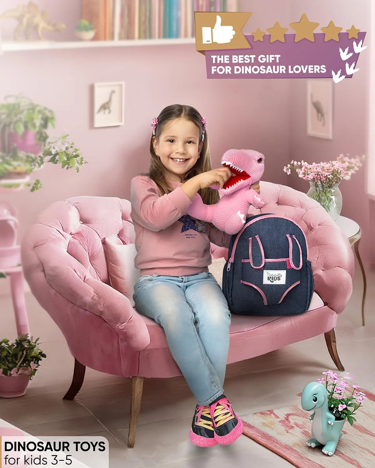 Naturally KIDS Pink Dinosaur Toys for Girls, Dinosaur Gifts for Girls 2-5 Year Old, Toddler Backpack