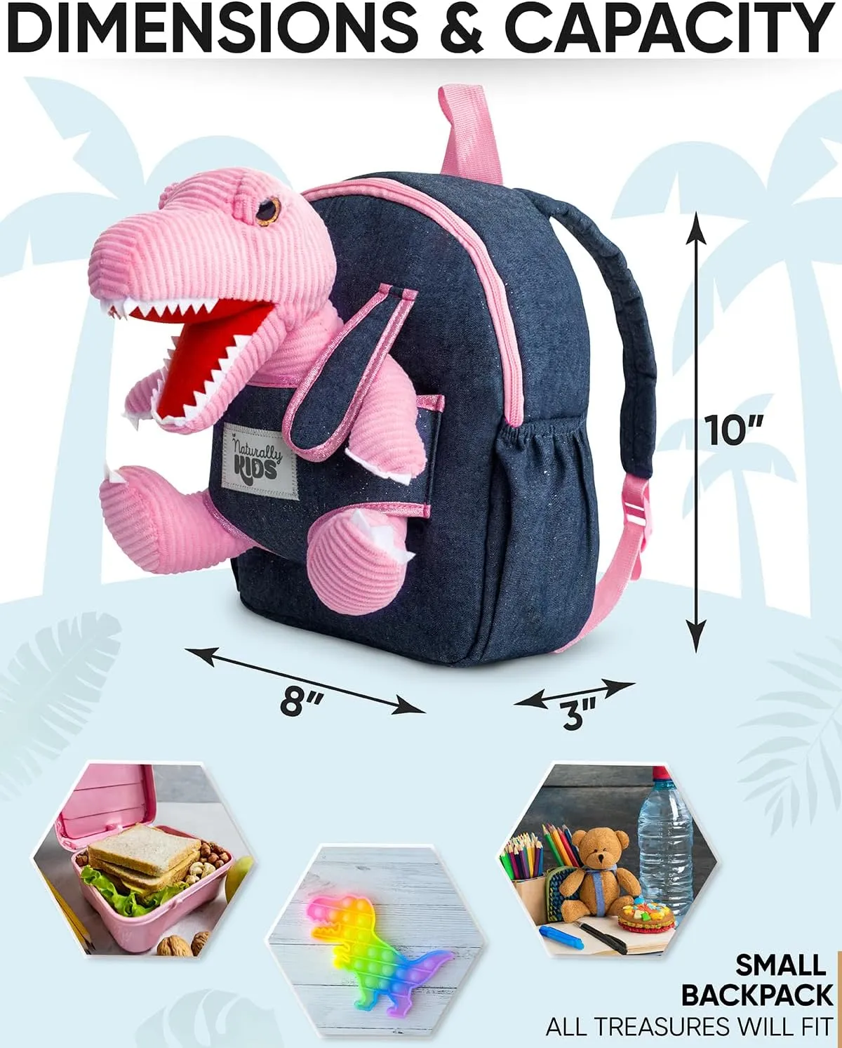 Naturally KIDS Pink Dinosaur Toys for Girls, Dinosaur Gifts for Girls 2-5 Year Old, Toddler Backpack