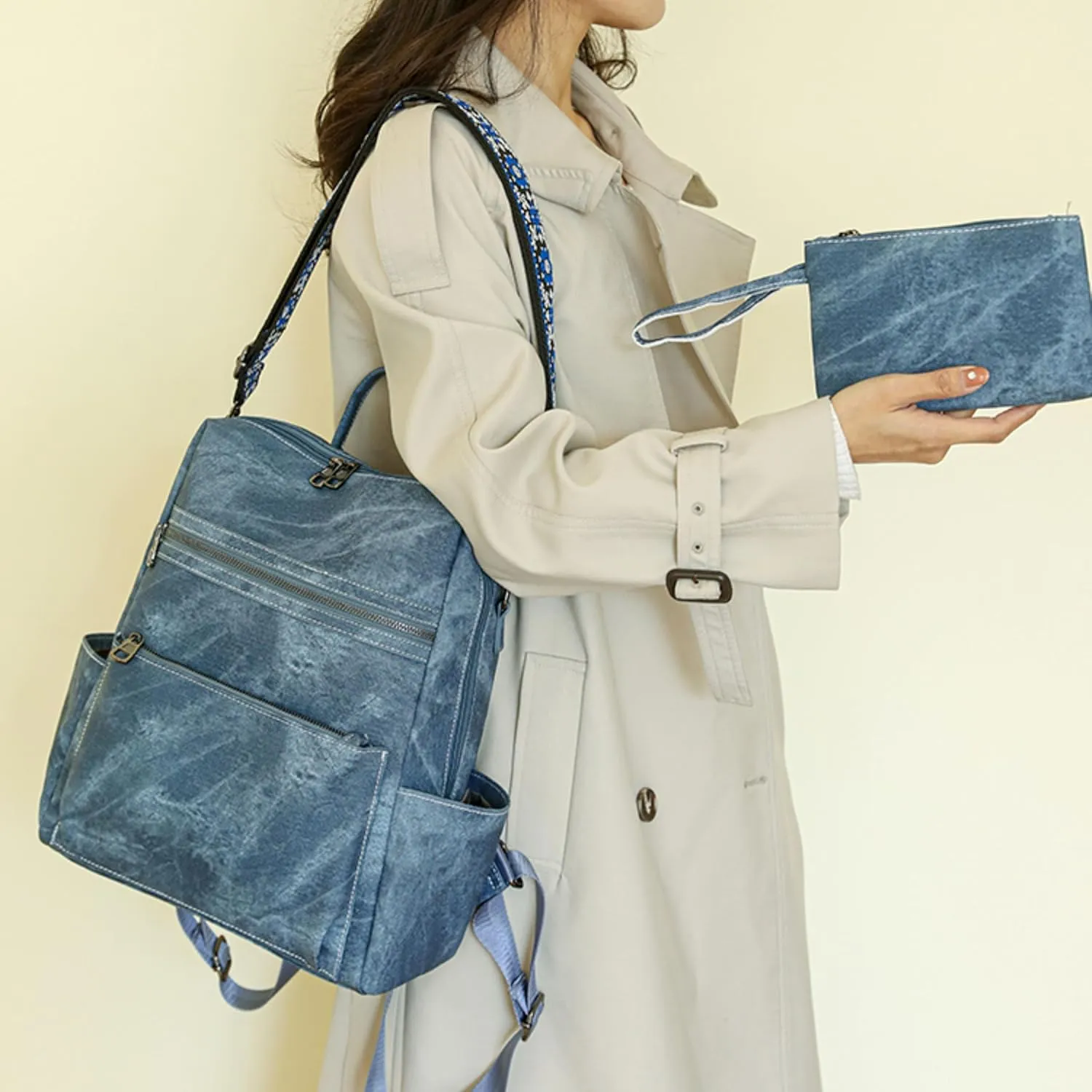 Nefelibata Women's Fashion Backpack Purse Day Packs Satchel Handbags leather tote bag Anti-theft Large Fashion Designer Travel Handbags Shoulder Bags With Purse Strap（denim blue）