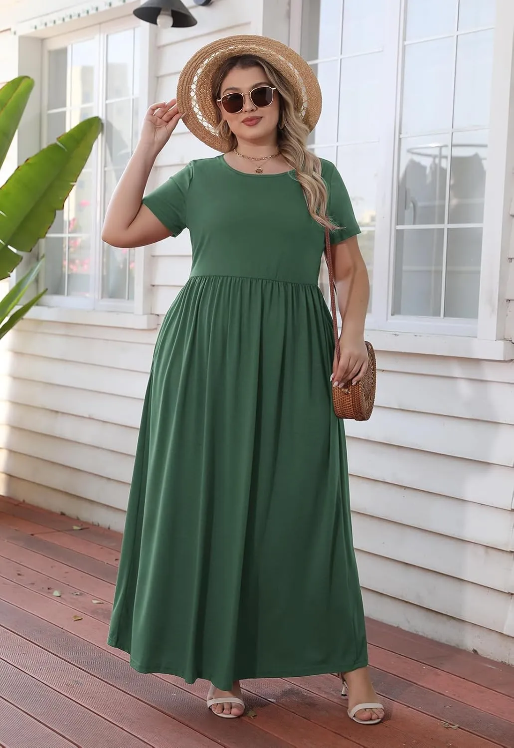 Nemidor Women Short Sleeve Loose Plain Casual Plus Size Long Maxi Dress with Pockets
