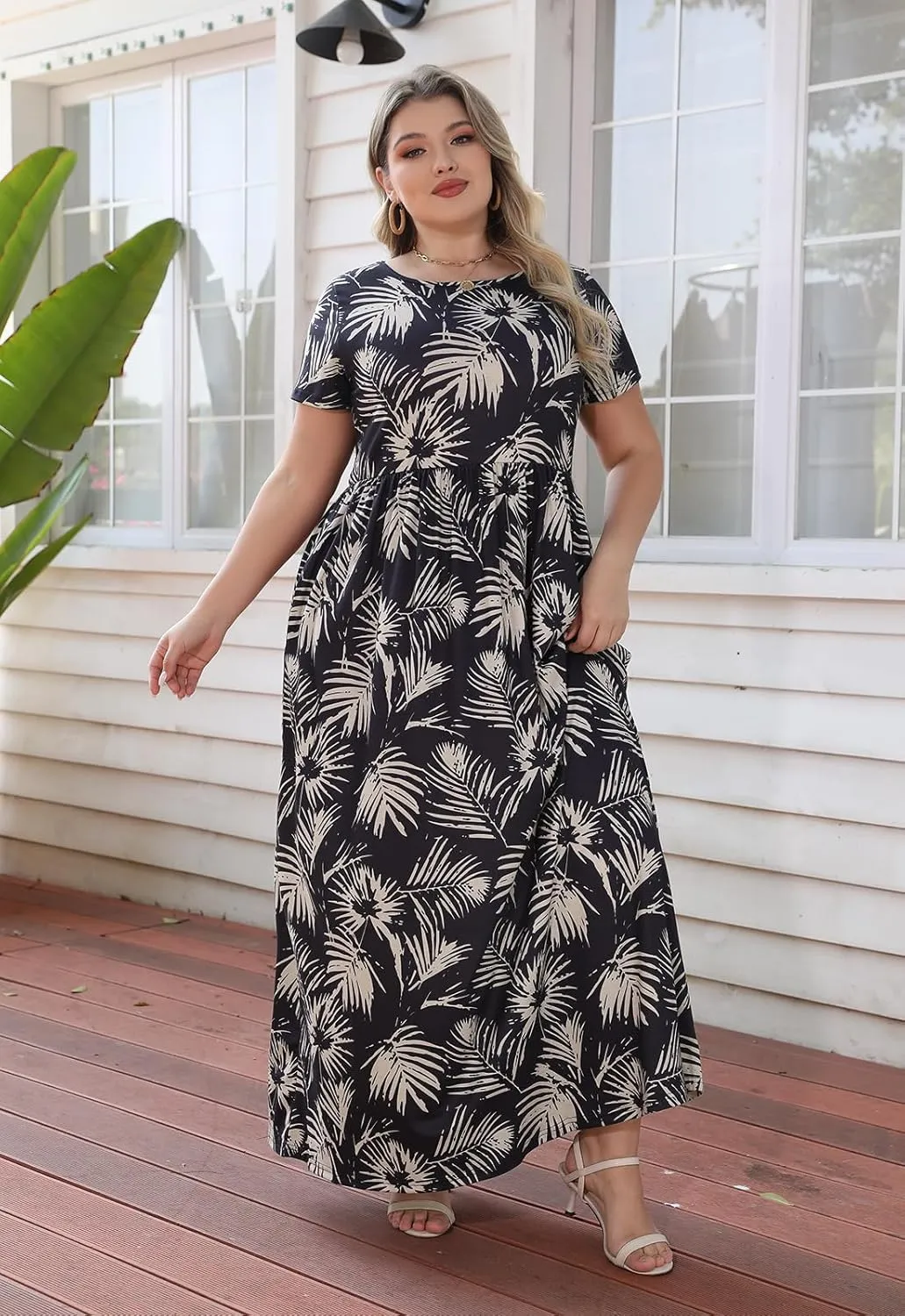 Nemidor Women Short Sleeve Loose Plain Casual Plus Size Long Maxi Dress with Pockets