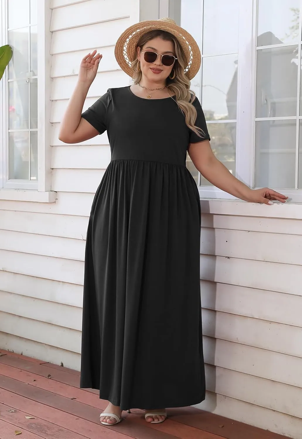 Nemidor Women Short Sleeve Loose Plain Casual Plus Size Long Maxi Dress with Pockets