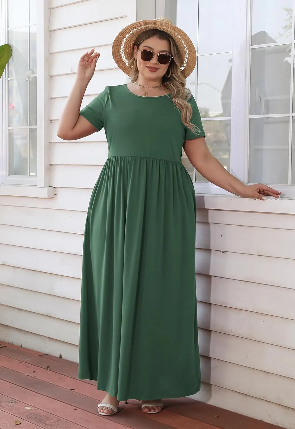 Nemidor Women Short Sleeve Loose Plain Casual Plus Size Long Maxi Dress with Pockets