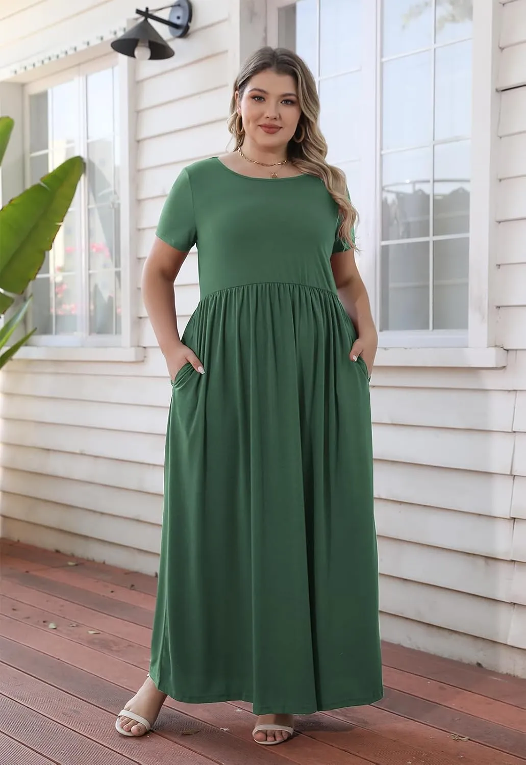 Nemidor Women Short Sleeve Loose Plain Casual Plus Size Long Maxi Dress with Pockets