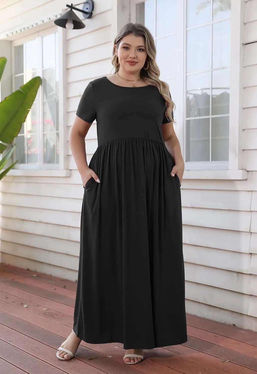 Nemidor Women Short Sleeve Loose Plain Casual Plus Size Long Maxi Dress with Pockets