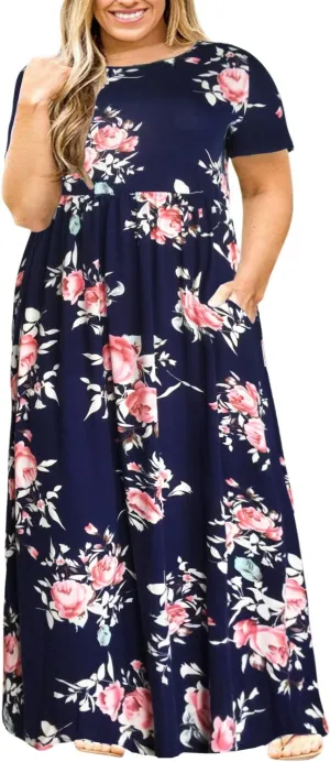 Nemidor Women Short Sleeve Loose Plain Casual Plus Size Long Maxi Dress with Pockets