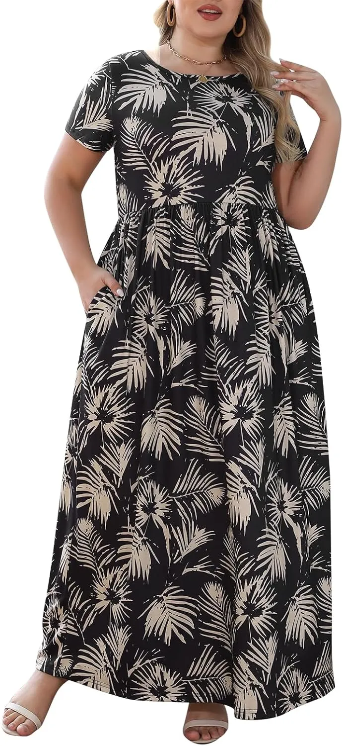 Nemidor Women Short Sleeve Loose Plain Casual Plus Size Long Maxi Dress with Pockets
