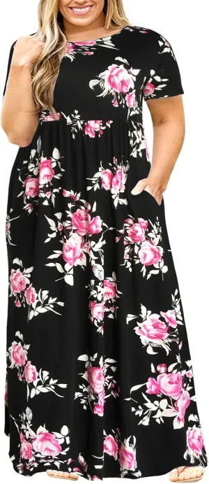 Nemidor Women Short Sleeve Loose Plain Casual Plus Size Long Maxi Dress with Pockets